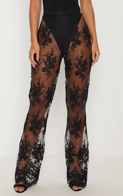 Black Occasion Sheer Lace Flare Leg Pants Prettylittlething Usa