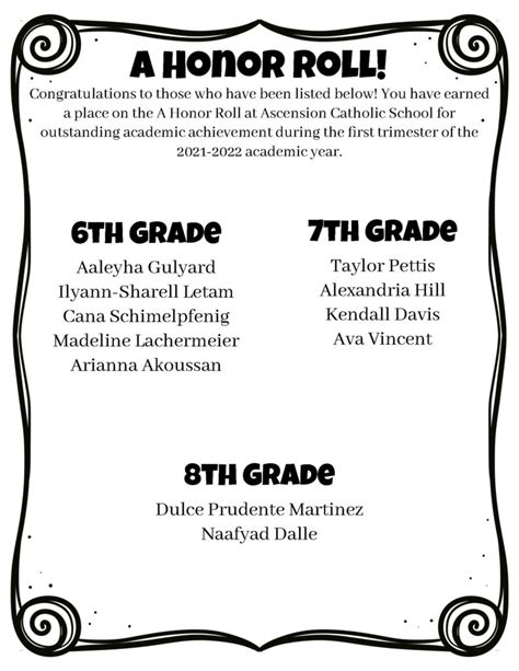 Middle School Honor Rolls Ascension Catholic School