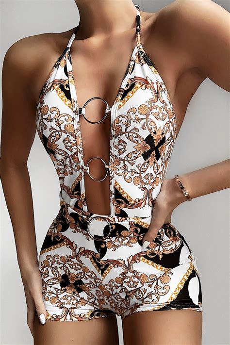 Sexy Cutout Printing White One Piece Swimsuit