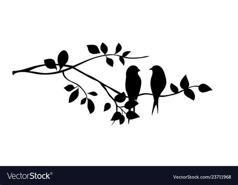 Two Birds Sitting On The Branch Of A Tree With Leaves In Black And