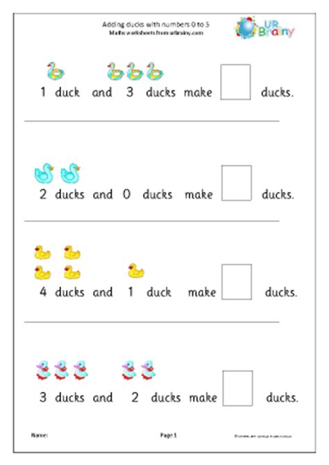 A collection of english esl worksheets for home learning, online practice, distance learning and english classes to teach about reception, reception. Addition from 0 to 5 ducks - Addition Maths Worksheets for ...
