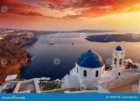 Sunset Over The Island Of Santorini Cyclades Greece Stock Photo