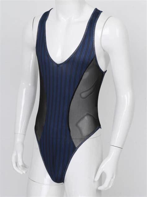 Men S One Piece Swimsuit Striped Bodysuit Jumpsuit Underwear Vest Leotard Top Ebay