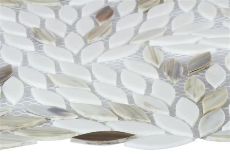 Newport Dawn Leaf Pure White And Light Brown Glass Mosaic Tile