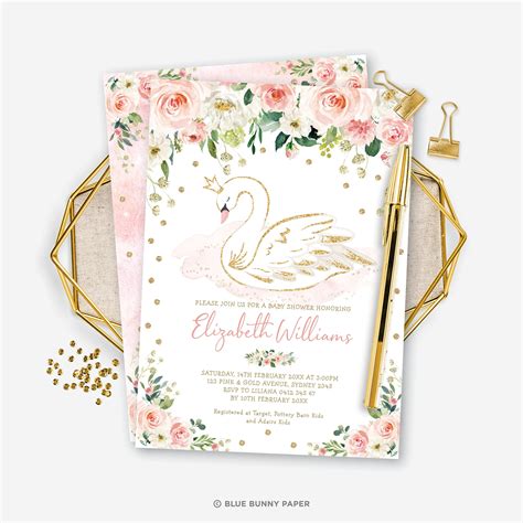 Editable Swan Baby Shower Invitation Template Blush Gold Etsy