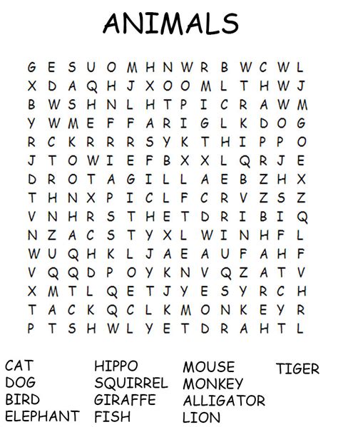 Printable Animals Word Search