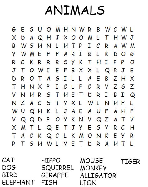 Zoo Animal Word Search Printable Pdf