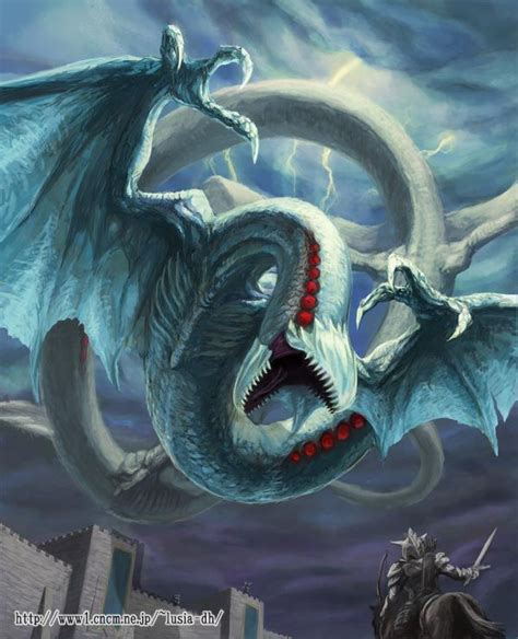 A White Dragon With Red Eyes Riding On Top Of A Black Horse In The Sky