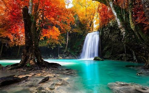Waterfalls Surrounded By Trees Waterfalls Painting Colorful Hd