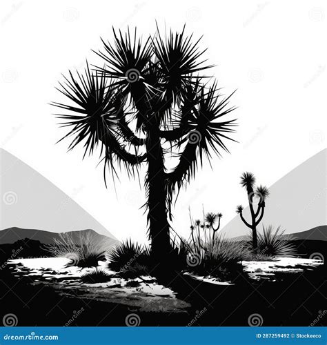 Joshua Tree Silhouette Vector Illustration In Black And White Stock