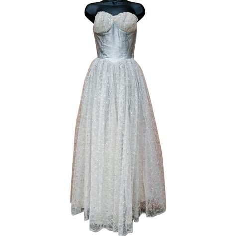 1950s Bouffant prom dress; lace, sequins, silver Lurex ...