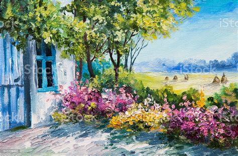 Oil Painting Landscape Garden Near The House Colorful