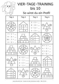 Mit hilfe eines vielfältigen übungsapparats werden die vier grundfertigkeiten (hören, sprechen, lesen. Vier-Tage-Mathe-Training (Zahlenraum bis 10) | Arbeitsblätter mathe, Mathe, Mathematik