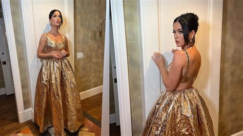Katy Perry Goes Gold In Metallic Bralette With Long Skirt For Gday Art