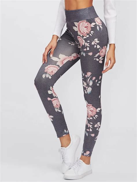 Flower Printed Leggings Women Polyester Ankle Length Pants