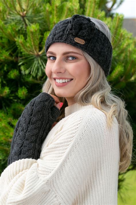 Aran Cable Knitted Wool Headband With Flower Charcoal Aran Accessories