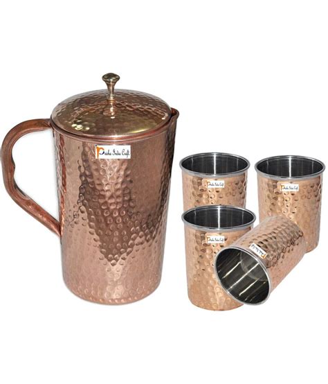 Prisha India Craft Copper Jug Hammered Jug 1650 Ml 5580 Oz With Four Glass Drinkware Set