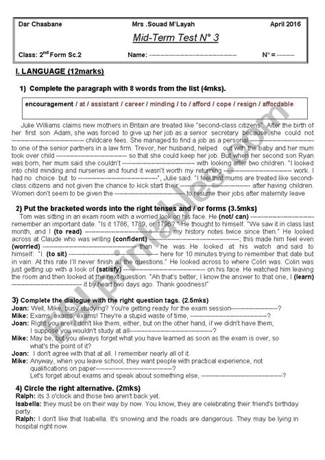 Mid Term Test N 3 Esl Worksheet By Balsouma