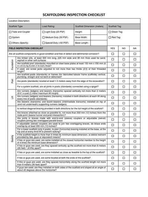 Scaffold Inspection Checklist Scaffolding Equipment