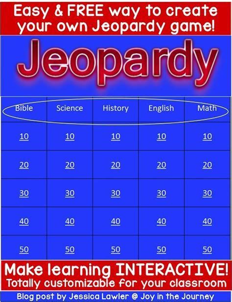 Free Easy Create Your Own Jeopardy Game Teaching Middle School