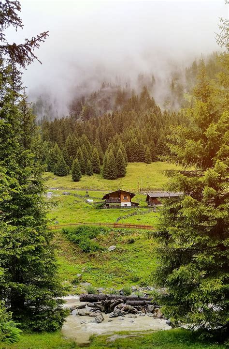 Mountains Meadow House Cottage Wooden Landscape Nature Clouds