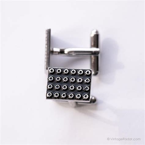 Vintage Square Silver Cufflinks And Checked Tie Clip With Black Details