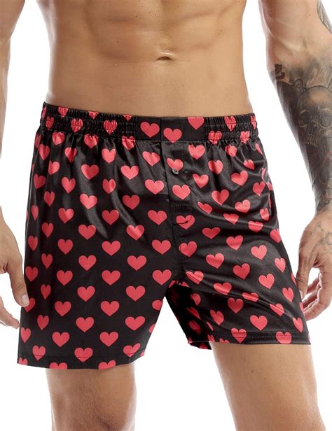 Agoky Men S Silk Boxer Shorts Underwear Love Heart Print Loose Lounge Pajamas Pants