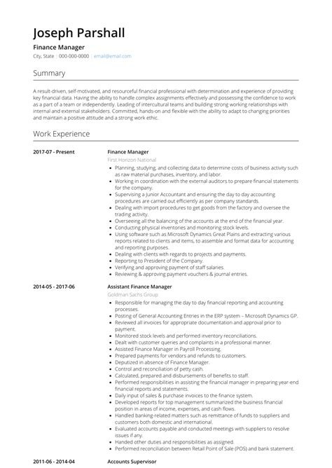 Typical duties listed in a finance executive resume example are managing budgets and cash flows, overseeing the annual budgeting, leading audits, analyzing. Finance - Resume Samples and Templates | VisualCV