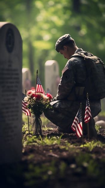 Premium Photo American Soldier Kneeling At A Veterans Grave On