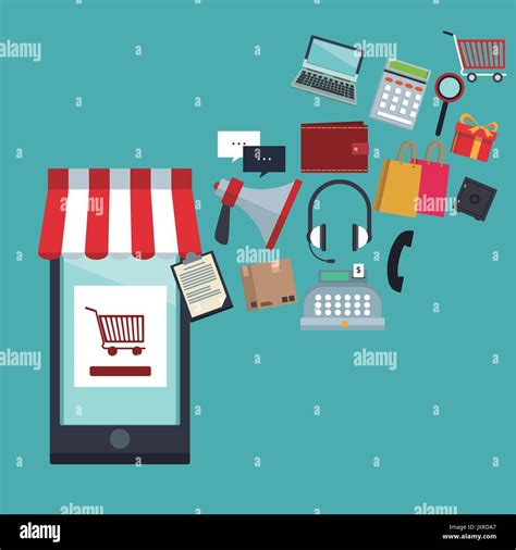 Color Background With Smartphone Store With Awning And Elements Icons