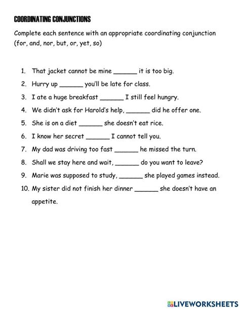 Mastering Coordinating Conjunctions Worksheets And Exercises For
