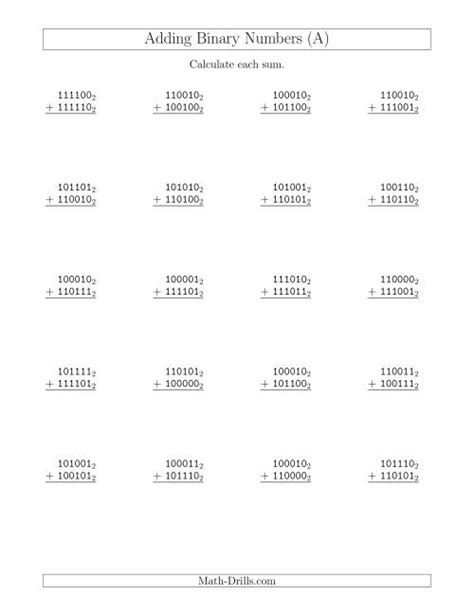 Binary Numbers Addition Worksheet