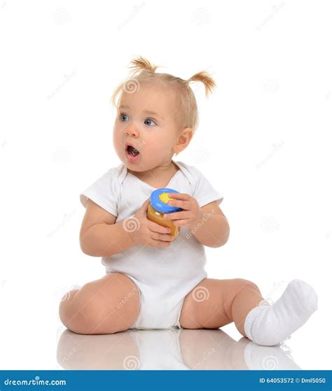 Baby Girl Sitting Holding Jar Child Mash Puree Food Stock Photos Free