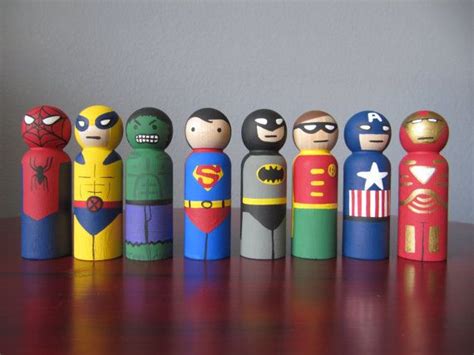 Super Hero Peg People Set Of 8 Wooden Hand Painted By Pegbuddies Peg