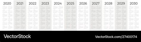 Simple Calendar Set For 2020 2030 Years Vector Image