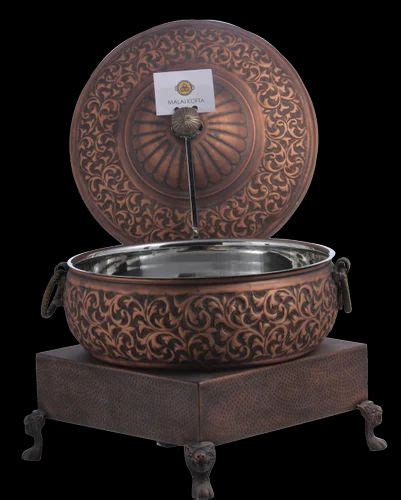 Smokey Copper Flower Embossed Handi With Heritage Chowki And Clamp Lid Holder At Rs 21250piece