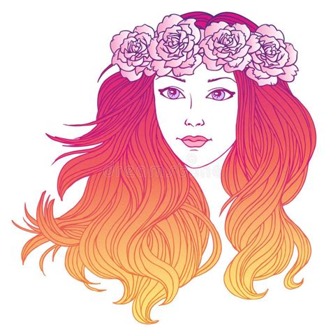 Girl With Long Wavy Hair Hand Drawn Linen Vector Illustration Stock