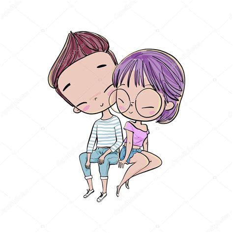 Cute Couple Love Valentine Day Vector Illustration Hand Drawing — Stock