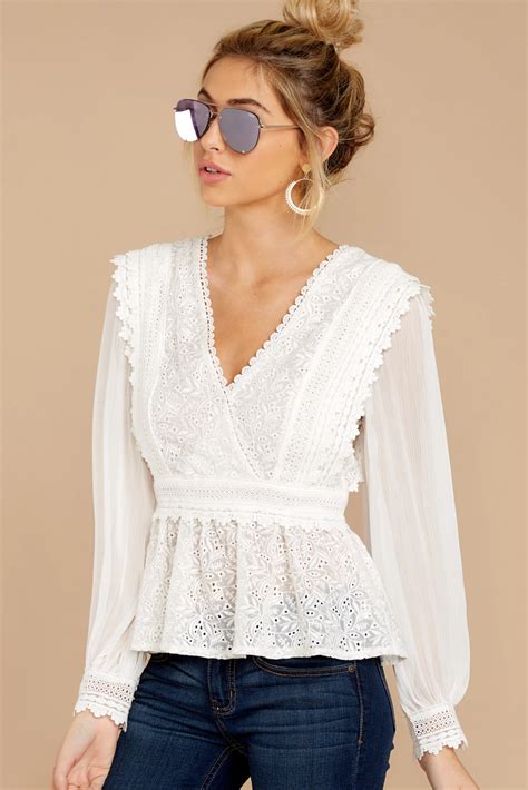 Elegant White Blouse Long Sleeve Lace V Neck Top 7200 Red