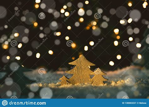 Wooden Christmas Trees Snow Magic Bokeh And Lights Background Stock