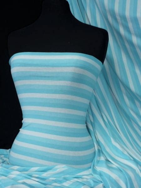 Viscose Cotton 4 Way Stretch Fabric Stripe Aqua Bluewhite Q320 Blwht