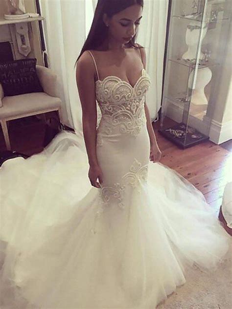 Trumpetmermaid Spaghetti Straps Sleeveless Chapel Train Tulle Wedding