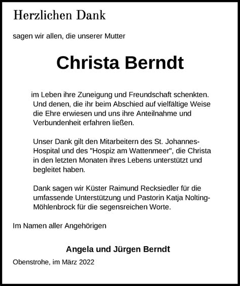 Traueranzeigen Von Christa Berndt Nordwest Trauerde