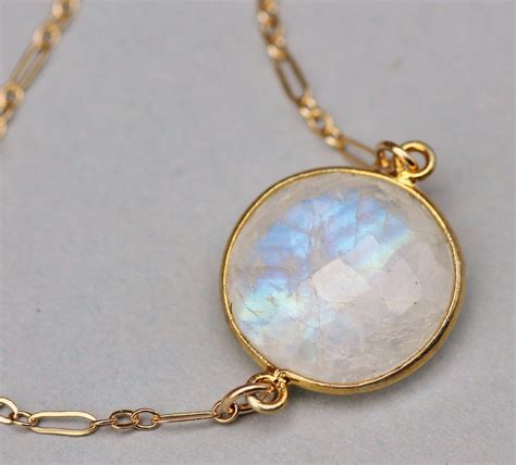 Genuine Rainbow Moonstone Pendant Necklace14K Gold Edged