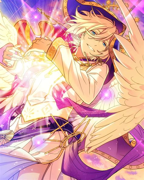 An Anime Character With Angel Wings And Purple Hair Holding Her Hand