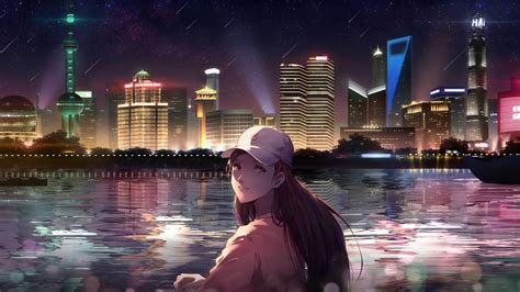 Download Wallpaper 1920x1080 Night Out City Anime Girl Original