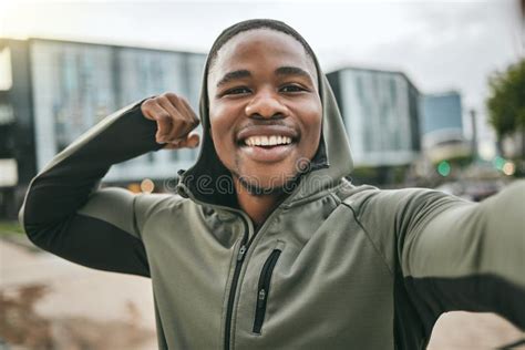 Fitness Selfie Or Happy Black Man With Muscle Smiles With Pride After