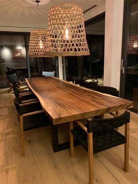 meja makan restoran kayu trembesi tebal model minimalis modern