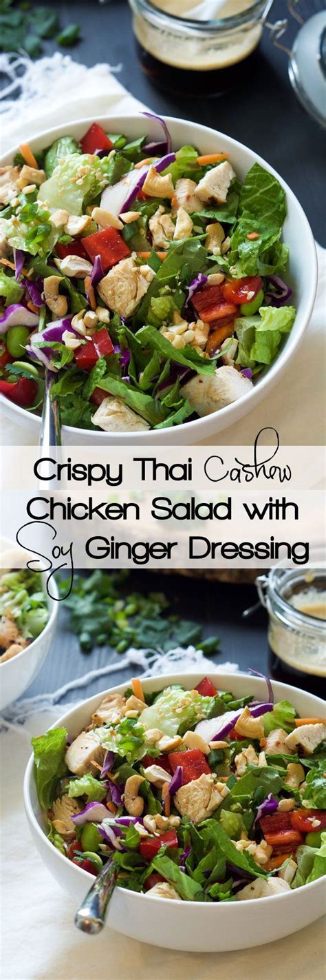 In a food processor or blender, combine and purée the peanut and sesame oils, garlic, sugar, rice vinegar, soy sauce, peanut butter and sesame paste. Crispy Thai Cashew Chicken Salad with Soy Ginger Dressing | Recipe | Healthy recipes, Salad ...