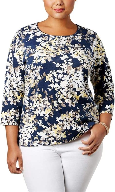 Karen Scott Plus Size Floral Print Top Intrepid Blue Combo 1x At